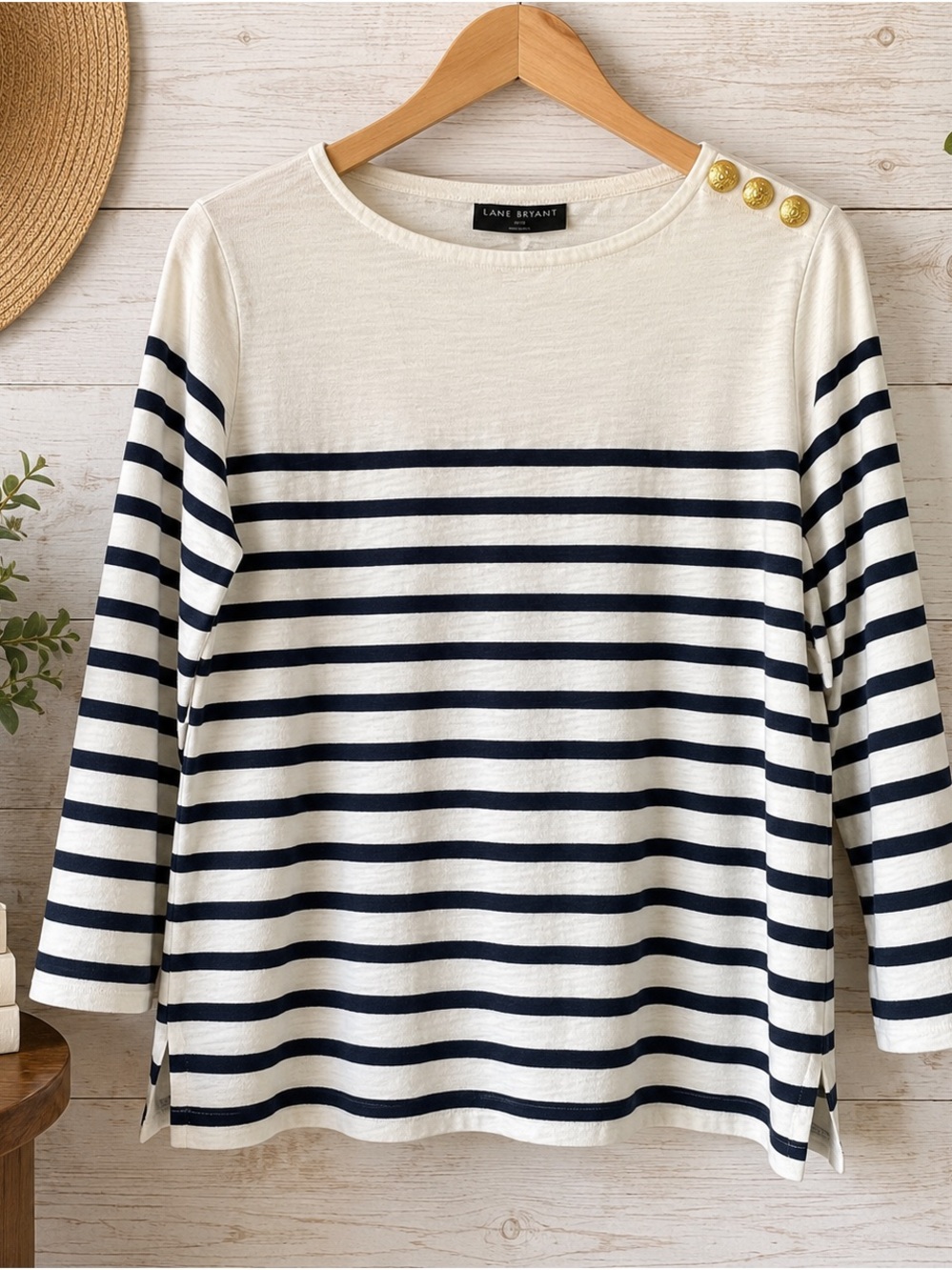 Lane Bryant Navy and Cream Striped Boatneck Top with Gold Buttons